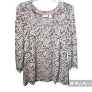 Cato Fashions Tan Sheer‎ Sweater with Floral Pattern Size Large